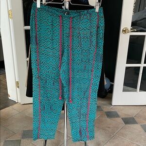 Anthropologie Teal and Pink Patterned Pants